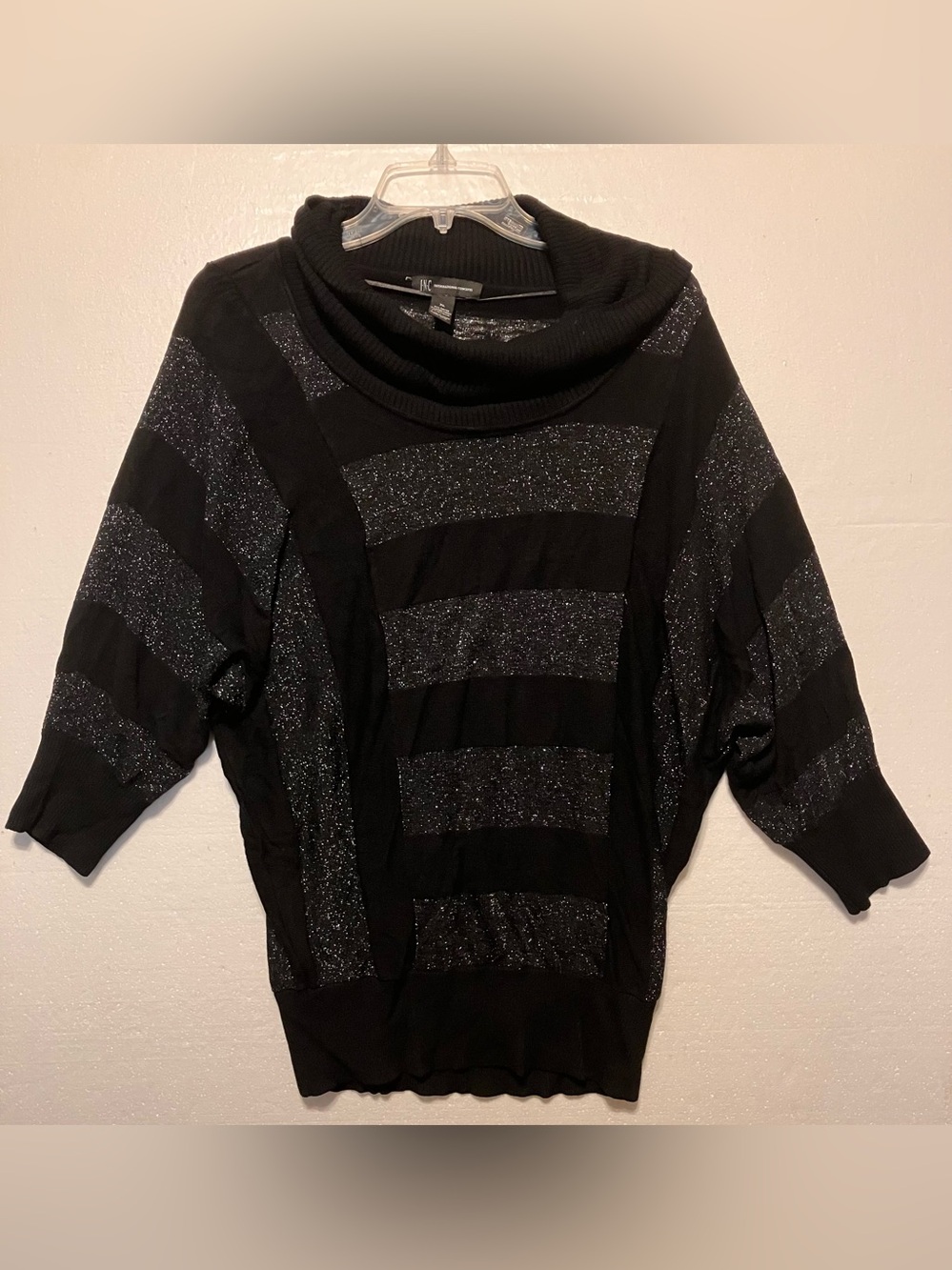 INC International Concepts XL Black Sparkle Stripe Cowl Neck Sweater